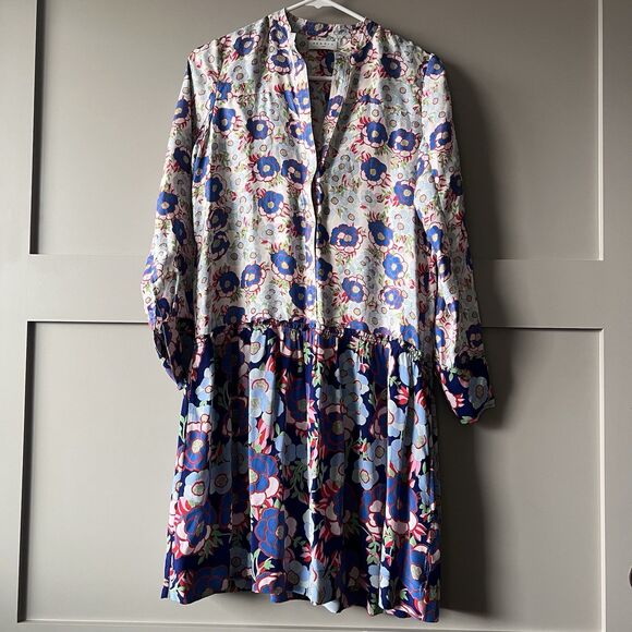 Sandro Paris Kimberly Floral Drop Waist Dress Size 34/US XS Blue Silk Bohemian - Picture 1 of 16